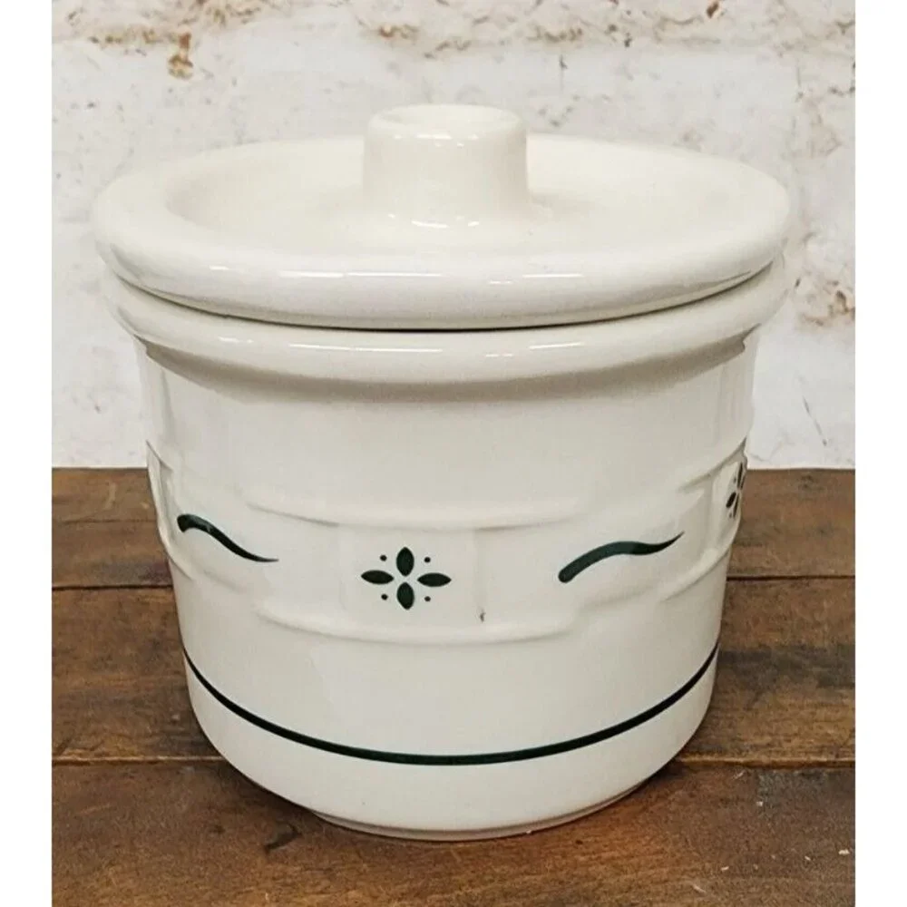 Longaberger Woven Traditions Green Crock w/ Lid Canister - Picture 2 of 7